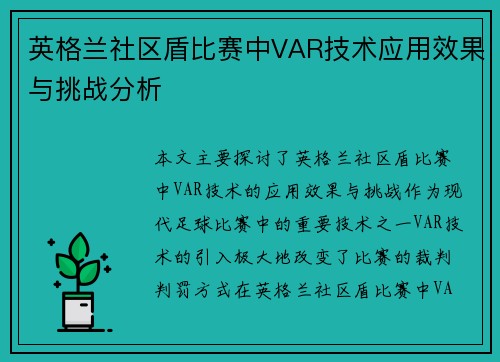 英格兰社区盾比赛中VAR技术应用效果与挑战分析 英格兰社区盾比赛中VAR技术应用效果与挑战分析