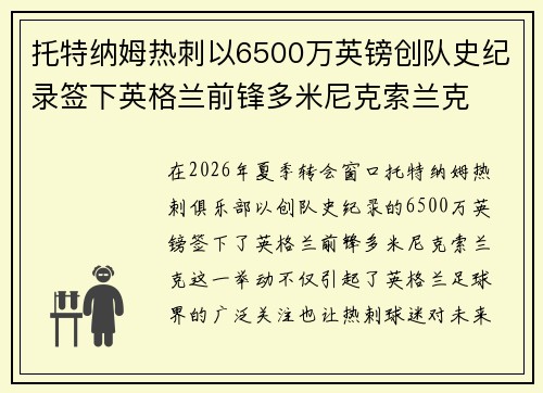 托特纳姆热刺以6500万英镑创队史纪录签下英格兰前锋多米尼克索兰克